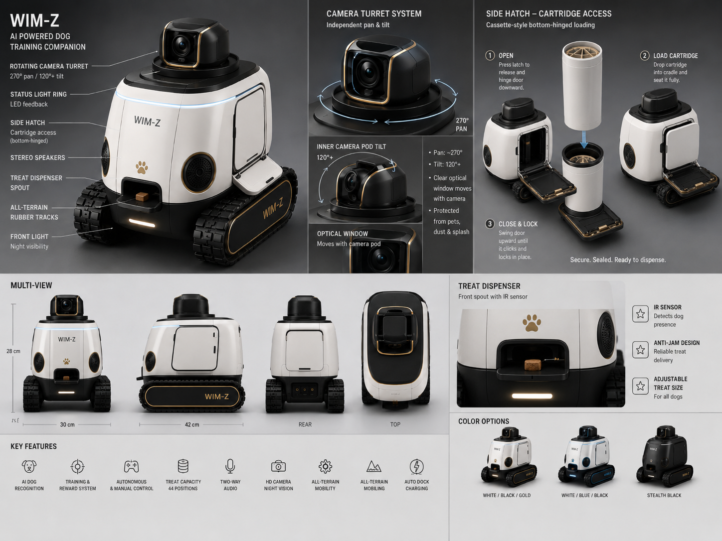 WIM-Z technical breakdown: rotating camera turret with 270 degree pan and 120 degree tilt, status light ring, bottom-hinged side hatch for cartridge access, stereo speakers, front treat dispenser spout with IR sensor, all-terrain rubber tracks, multi-view dimensions (30 cm and 42 cm, 28 cm tall), key features, and white/gold, white/blue, and stealth black color options
