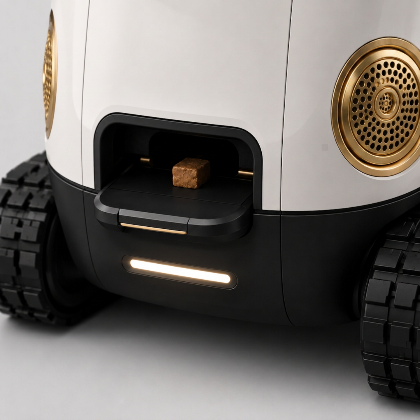 Close-up of the WIM-Z front treat dispenser with a treat on the tray and glowing status light